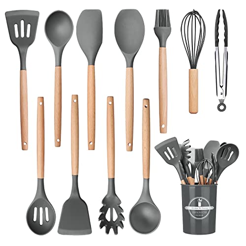 Utensilios Cocina de Silicona Comfook Set de 12 Juego de utensilios de cocina de silicona Antiadherente con Mango de Madera para Utensilios,resistente al calor,sin BPA, antiarañazos,gris claro