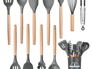 Utensilios Cocina de Silicona Comfook Set de 12 Juego de utensilios de cocina de silicona Antiadherente con Mango de Madera para Utensilios,resistente al calor,sin BPA, antiarañazos,gris claro