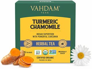 VAHDAM Té Cúrcuma Camomila - 30 Bolsitas | Cúrcuma Activa + Flores de Camomila | Fomenta la CALMA, Mejora el SUEÑO | 30 Raciones – Tomar Frío o Caliente | Ingredientes 100% Naturales | Infusión Floral