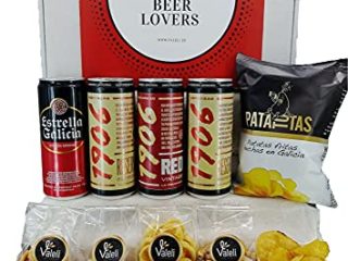 Valeli. Cesta Cervezas Estrella Galicia, 1906 Reserva Especial y Red Vintage con frutos secos y snacks. Regalo original para él, ella, amigo, fiesta, cumpleaños, padre, enamorados