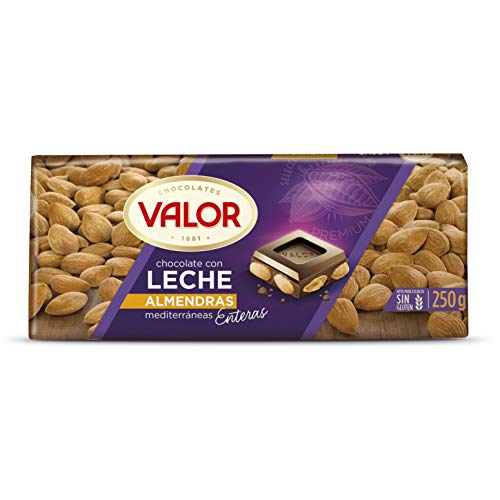 Valor - Chocolate con Leche con Almendras Enteras Mediterráneas - Sin Gluten - Chocolate con Leche y Almendras Valor - Apto para Celiacos - 250 Gramos