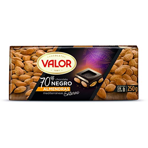Valor - Chocolate Negro 70% con Almendras Mediterráneas Enteras. Chocolate Valor sin Gluten. e intenso Sabor. Apto para Celiacos - 250 Gramos