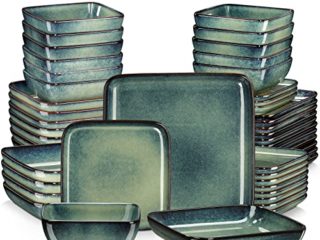 vancasso Serie Stern, Juego de Platos de 48 Piezas Gres, Platos Rectangulares con Platos Llanos, Platos Hondos, Tazones, Platos de Postre para 12 Personas Estilo Vintage