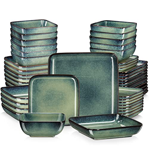 vancasso Serie Stern, Juego de Platos de 48 Piezas Gres, Platos Rectangulares con Platos Llanos, Platos Hondos, Tazones, Platos de Postre para 12 Personas Estilo Vintage