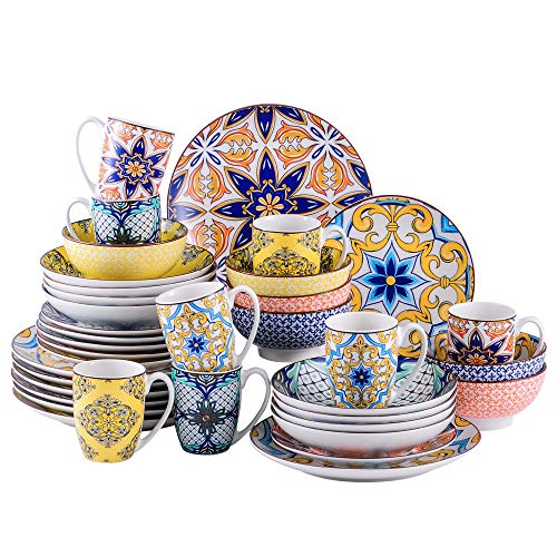 vancasso Vajilla de Porcelana serie Jasmin Juego de Vajillas de 40 pcs-8 Tazas, Cuencos, Platos Planos, Platos de Postre y Platos Hondos para 8 Personas Hermosos Diseños de Patrón de Jazmín