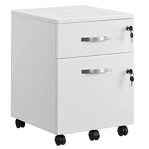 VASAGLE Archivador con Cerradura, Pedestal de Archivo con 2 Cajones, 5 Ruedas y Rieles Ajustables, para Carpetas Colgantes de Tamaño A4 y Letter, Oficina en Casa, Blanco LCD22WV1