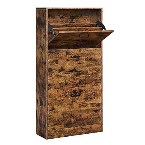 VASAGLE Armario de Zapatos con 3 Puertas Abatibles, Zapatero de Madera de 3 Pisos, para Entrada Estrecha, Pasillo, Sala de Estar, 60 x 24 x 120 cm (Largo x Ancho x Alto), Marrón Rústico LBC030X01