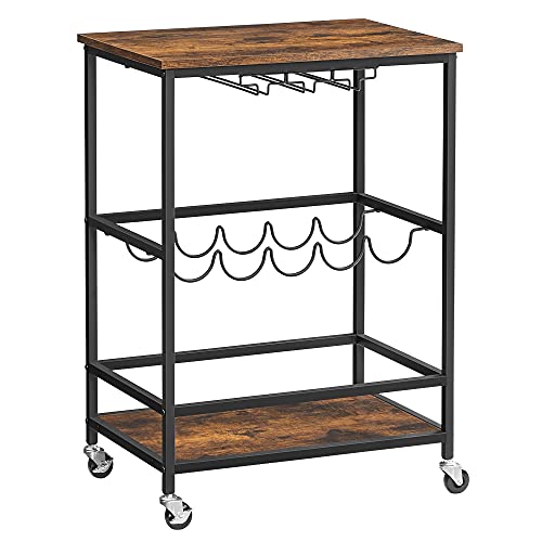 VASAGLE Carrito con Ruedas, Carrito de Cocina, Carrito de Servicio con Soportes para Vasos y Botellas, 60 x 40 x 75 cm, Estilo Industrial, Marrón Rústico y Negro LRC087B01