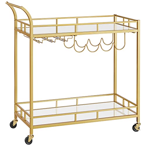 VASAGLE Carro de Bebidas, Carrito de Bar Dorado, Carro de Servir con 2 Estantes de Espejo, Portavinos, Portavasos, para Bar de Casa, Cocina, Comedor, Oro LRC090A03