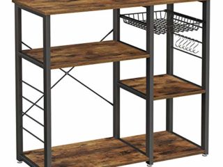VASAGLE Estantería de Cocina, Estante de Microondas de Estilo Industrial, con Marco de Metal, Cesta de Alambre y 6 Ganchos, 90 x 40 x 84 cm, Marrón Rústico y Negro KKS90X