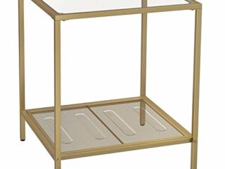 VASAGLE Mesa Auxiliar de 2 Niveles, Mesita de Noche, con Tapa de Vidrio Templado y Estante de Malla, Marco de Acero Estable, para Dormitorio, Sala de Estar, Color Dorado y Transparente LGT030A01