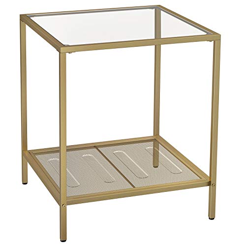 VASAGLE Mesa Auxiliar de 2 Niveles, Mesita de Noche, con Tapa de Vidrio Templado y Estante de Malla, Marco de Acero Estable, para Dormitorio, Sala de Estar, Color Dorado y Transparente LGT030A01