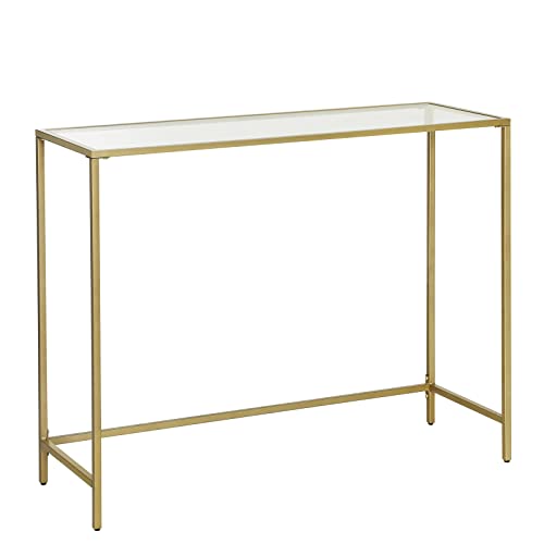 VASAGLE Mesa de Consola, Mesa de Entrada, Extremo del Sofá, Tablero de Vidrio Templado, Marco de Metal, Patas Ajustables, para Salón, Entrada, Pasillo, Dorado LGT26G