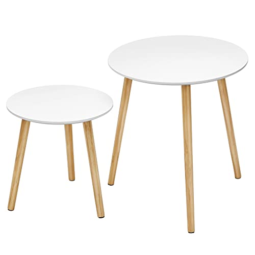 VASAGLE Mesas auxiliares nórdicas, Juego de 2 mesas de café, Mesaits de Centro para salón, Mesas Redondas, Patas de Madera de Pino, Blanco y Natural LET07WN