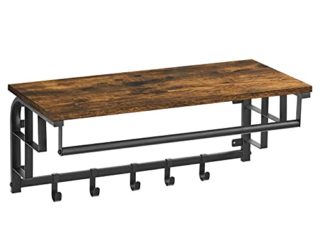 VASAGLE Perchero de Pared con Estante, 5 Ganchos, Estante Mural de Almacenamiento, Estante de Pared con Barra Colgante, 66 x 30 x 27 cm, para Entrada, Dormitorio,Marrón Rústico y Negro LCR12BX
