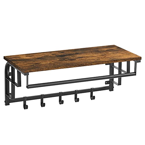 VASAGLE Perchero de Pared con Estante, 5 Ganchos, Estante Mural de Almacenamiento, Estante de Pared con Barra Colgante, 66 x 30 x 27 cm, para Entrada, Dormitorio,Marrón Rústico y Negro LCR12BX