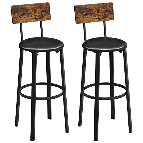 VASAGLE Taburetes de Bar, Taburetes de Barra, Juego de 2 Taburetes Tapizados de PU, 39 x 39 x 100 cm, Reposapiés, Montaje Simple, Industrial, para Cocina, Comedor, Marrón Rústico y Negro LBC069B81