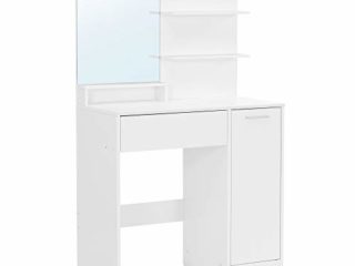 VASAGLE Tocador, Mesa de Maquillaje, con Espejo Cuadrado, Compartimiento, 1 cajón, 2 estantes, Organizador de Maquillaje, Blanco RDT119W01