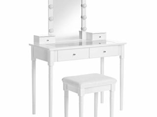 VASAGLE Tocador, Mesa Tocador, Mesa Maquillaje con Taburete Tapizado, Espejo, 10 Bombillas Regulables Iluminación, 2 Cajones Grandes con Tablero Vidrio Templado, 2 Cajones Pequeños, Blanco RDT172W01