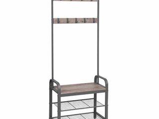 VASAGLE HSR40MG Perchero, Árbol del Vestíbulo, Perchero con Banco, Zapatero con Ganchos Extraíbles, Altura 183 cm, Industrial, Estructura Metálica Gris, Greige y Gris