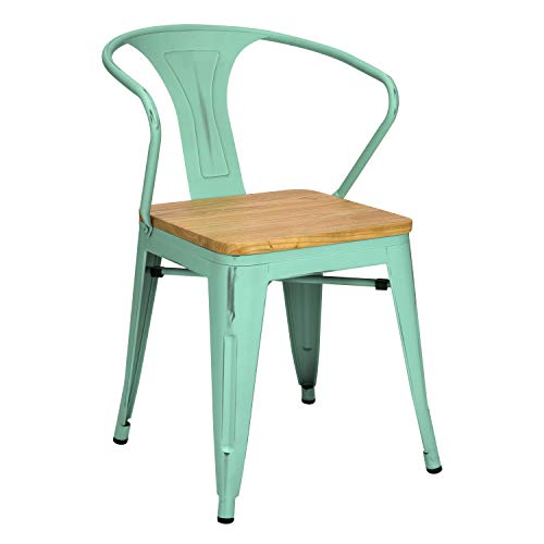 Vaukura Silla Oliix con Brazos - Silla Industrial Metálica Vintage Asiento de Madera (Verde Menta)