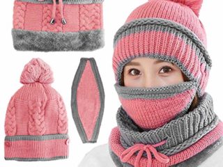 VDSOW Conjunto de gorro y bufanda para mujer, bufandas de invierno de punto rosa con máscara a prueba de viento