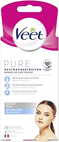 Veet Facial, Bandas de cera Depilatoria Easy Gelwax para Pieles Sensibles, 10 x 2 bandas