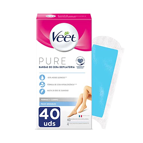 Veet Pure Bandas de Cera Fría Depilatoria para Depilación de Piernas y Cuerpo, Fórmula de Cera Hipoalergénica para Pieles Sensibles, 40 Tiras