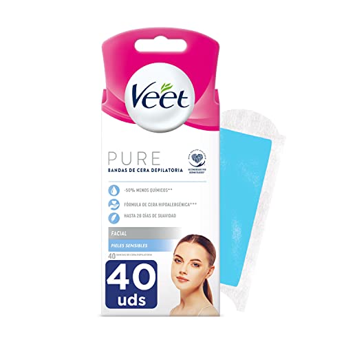 Veet Pure Bandas de Cera Fría Depilatoria para Depilación Facial Adecuado para Labio Superior (Bigote), Fórmula de Cera Hipoalergénica para Pieles Sensibles, 40 Tiras