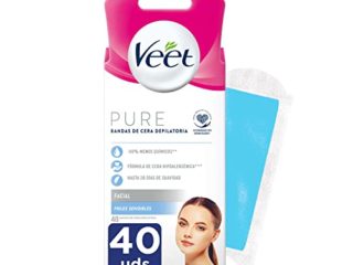 Veet Pure Bandas de Cera Fría Depilatoria para Depilación Facial Adecuado para Labio Superior (Bigote), Fórmula de Cera Hipoalergénica para Pieles Sensibles, 40 Tiras