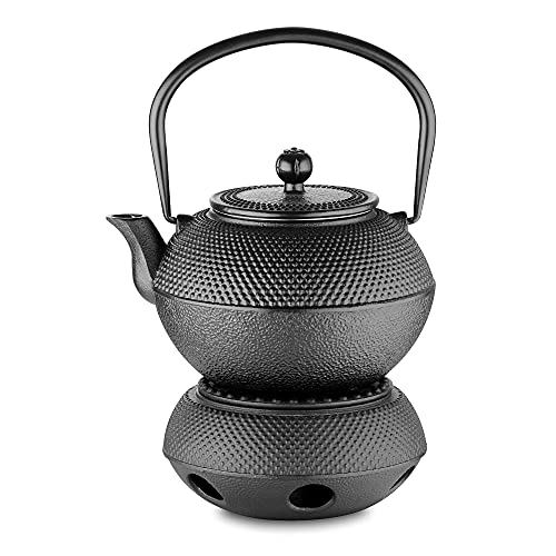 Velaze Tetera Japonesa de Hierro Fundido, Tetera Portátil de Estilo Japoneso con Calentador de Hierro Fundido y Red de Infusor de Acero Inoxidable, Negro(1,1L)