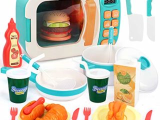 Veluoess Horno de Microondas de Juguete, Juguete de Microondas Horno Cocina con Luz y Sonido Cocción Simulación de la Hamburguesa de Cocina Conjunto de Juguete para Niños