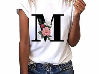 VEMOW Camiseta de Mujer Manga Corta Suelta con Cuello Redondo Talla Grande, Moda Impresión de 26 Letras Inglesas Basica Suelto Verano Camisa Tops Casual Fiesta T-Shirt para el Mejor Amigo(M,L)