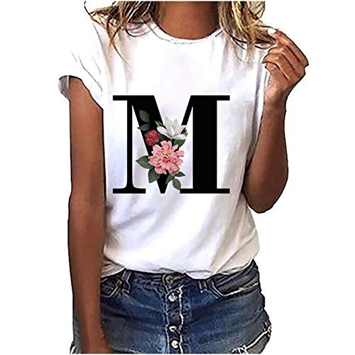VEMOW Camiseta de Mujer Manga Corta Suelta con Cuello Redondo Talla Grande, Moda Impresión de 26 Letras Inglesas Basica Suelto Verano Camisa Tops Casual Fiesta T-Shirt para el Mejor Amigo(M,L)