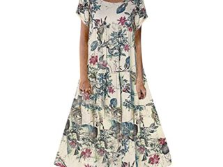 VEMOW Vestido Largo Mujer Maxi Moda Talla Grande Cuello en V, Comunion Ropa de Mujer Verano Informal Suelto de Manga Corta con Estampado de Lunares Bohemio de Falda Cami con Empalme