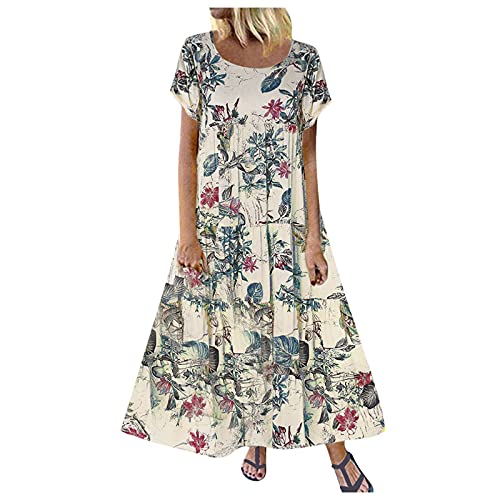 VEMOW Vestido Largo Mujer Maxi Moda Talla Grande Cuello en V, Comunion Ropa de Mujer Verano Informal Suelto de Manga Corta con Estampado de Lunares Bohemio de Falda Cami con Empalme