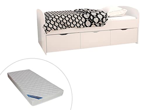 Venta-unica - Cama LOUANE con 2 cajones y 1 arcón - 90 x 190 cm - Blanco + Colchón