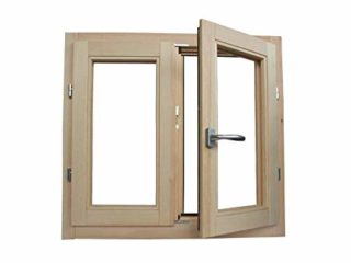 Ventana de madera laminada en bruto de 90 x 80 cm de alto con doble cristal – Asa – lijada – lista para ser pintada de cualquier color