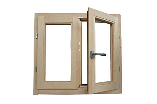 Ventana de madera laminada en bruto de 90 x 80 cm de alto con doble cristal – Asa – lijada – lista para ser pintada de cualquier color