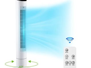 Ventilador de Torre con Control Remoto 107 cm, Ventilador de Pie Oscilante 60°, Silencioso, con Modo de Iones Negativos, Temporizador, 3 Velocidades y 4 Modos de Ventilación - GS - Blanco