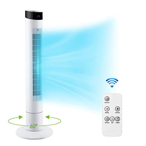 Ventilador de Torre con Control Remoto 107 cm, Ventilador de Pie Oscilante 60°, Silencioso, con Modo de Iones Negativos, Temporizador, 3 Velocidades y 4 Modos de Ventilación - GS - Blanco