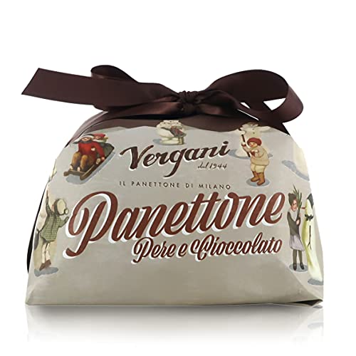 Vergani Panettone con Pera y Chocolate, Envuelto a Mano, Papel con Muñecos de Nieve, 750 Gramos