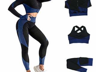 Veriliss 3 Piezas Mujer Yoga Traje Entrenamiento Para, Gym Mallas de Yoga Sin Costuras y Sujetador Deportivo Elástico Ropa de Gimnasio (NegroAzul, S)
