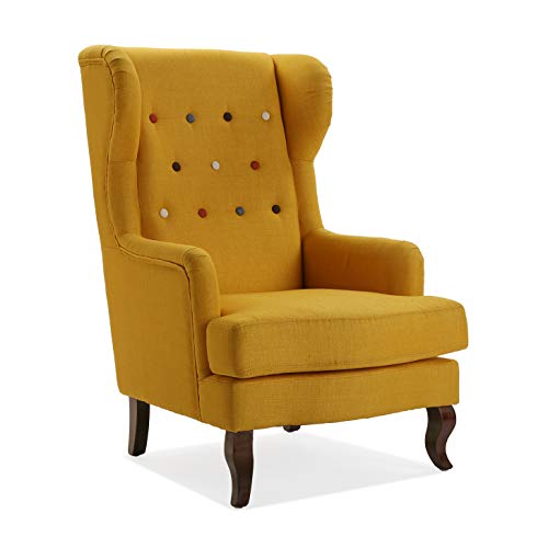 Versa Botones Butaca Orejera para Salón o Dormitorio. Sillón Lectura Diseño Vintage, Chesterfield con Apoyabrazos, Medidas (Al x L x An) 103 x 62 x 68 cm, Algodón y Madera, Color Amarillo
