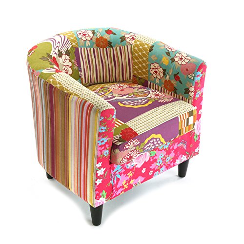 Versa Pink Patchwork Butaca Orejera para Salón, Dormitorio o Comedor. Sillón para Lectura de Diseño Vintage, con Apoyabrazos, Medidas (Al x L x An) 56 x 62 x 64 cm, Algodón y Madera, Color Rosa