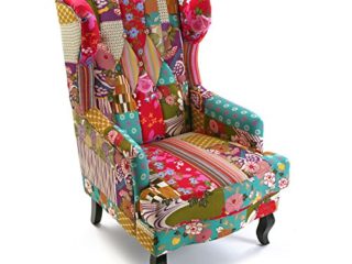 Versa Pink Patchwork Butaca Orejera para Salón o Dormitorio. Sillón Lectura Diseño Vintage, Chesterfield con Apoyabrazos, Medidas (Al x L x An) 103 x 79 x 62 cm, Algodón y Madera, Color Rosa