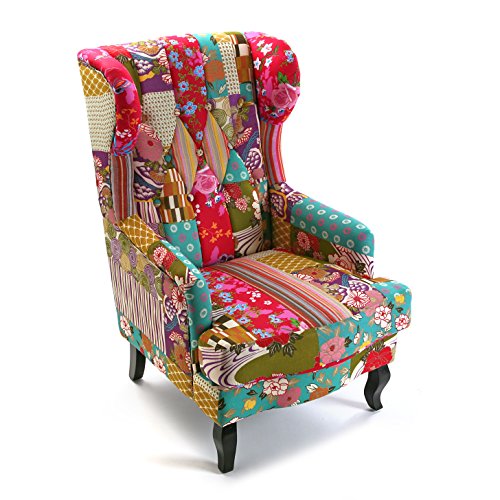 Versa Pink Patchwork Butaca Orejera para Salón o Dormitorio. Sillón Lectura Diseño Vintage, Chesterfield con Apoyabrazos, Medidas (Al x L x An) 103 x 79 x 62 cm, Algodón y Madera, Color Rosa