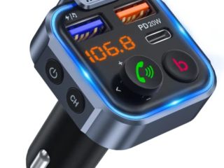 [Versión 2022] LENCENT Transmisor FM Bluetooth 5.0,Manos Libres Reproductor Música Coche, Deep Bass Sonido Hi-Fi, Adaptador Radio Bluetooth 2 USB+Tipo C 20W Carga Rápida, Soporte Memoria USB