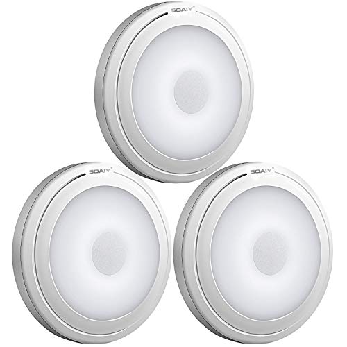 [Versión Mejorada] SOAIY 3 pcs Luz LED Nocturna con Pilas, Lámpara con Sensor al Tacto, Luces de Noche para Armario, Habitación, Pasillos, Escaleras, Coche, 3 Almohadillas Adhesivas/Blanco Frío