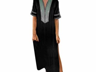 Vestido bohemio de verano para mujer, talla grande, S-5XL, casual, cuello en V, vestido dividido, vintage, étnico, floral, para mujer, suelto, manga corta, largo, maxi kaftan